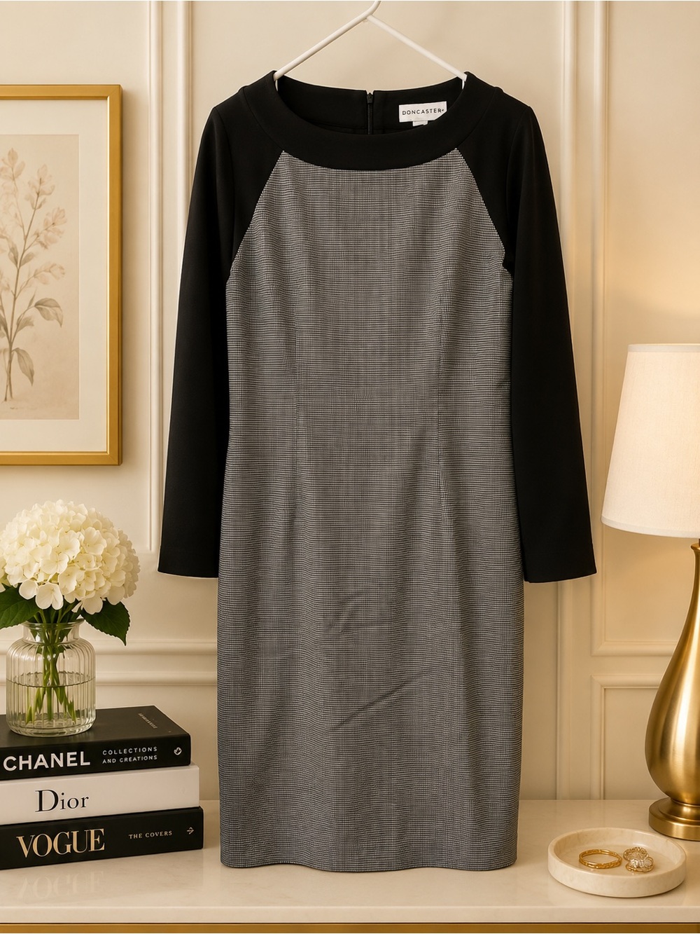 Doncaster Black and Gray Long-Sleeve Ponte Sheath Dress